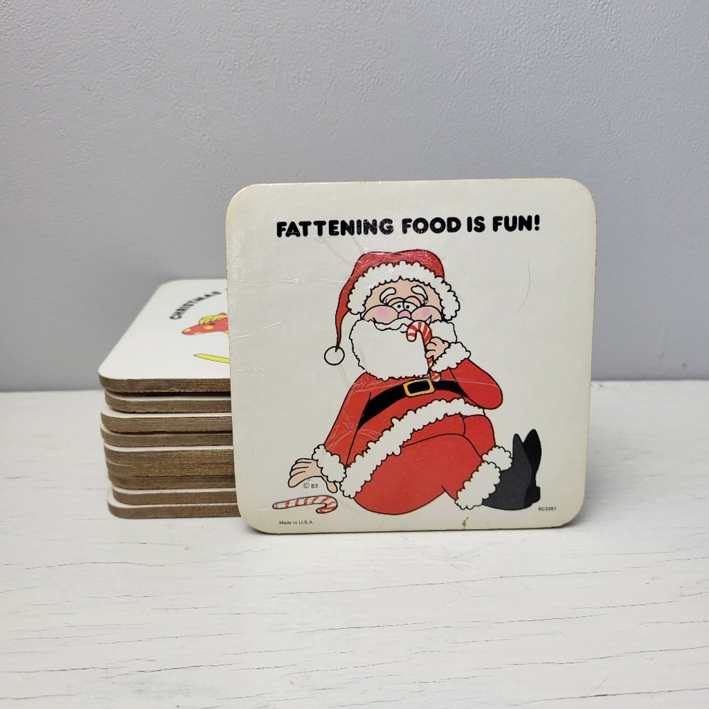 Vintage 1980s Brighton Christmas Coasters - Made in USA Funny Santa & Bear Cork
